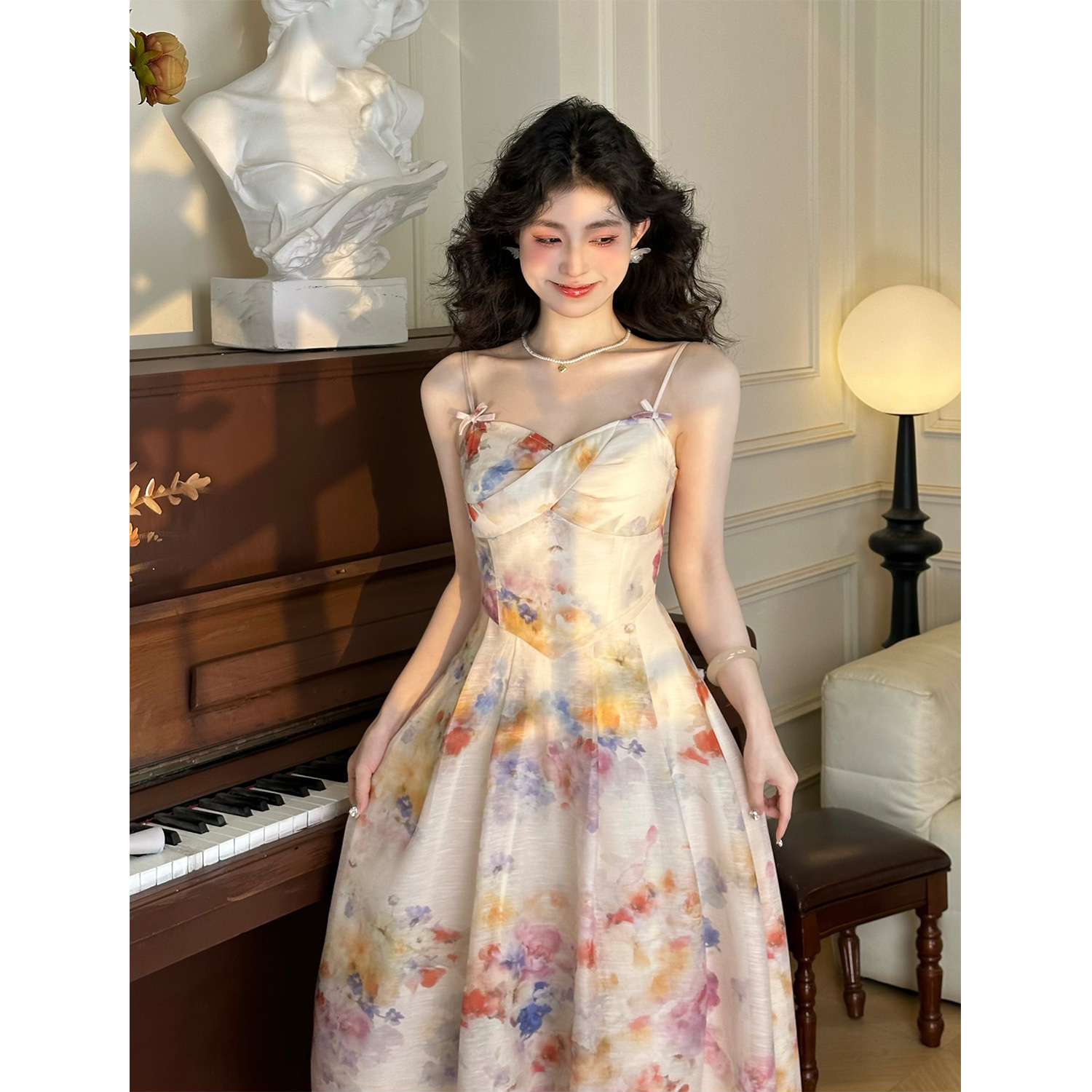 法式甜美复古修身气质纯色拼接小众连衣裙205