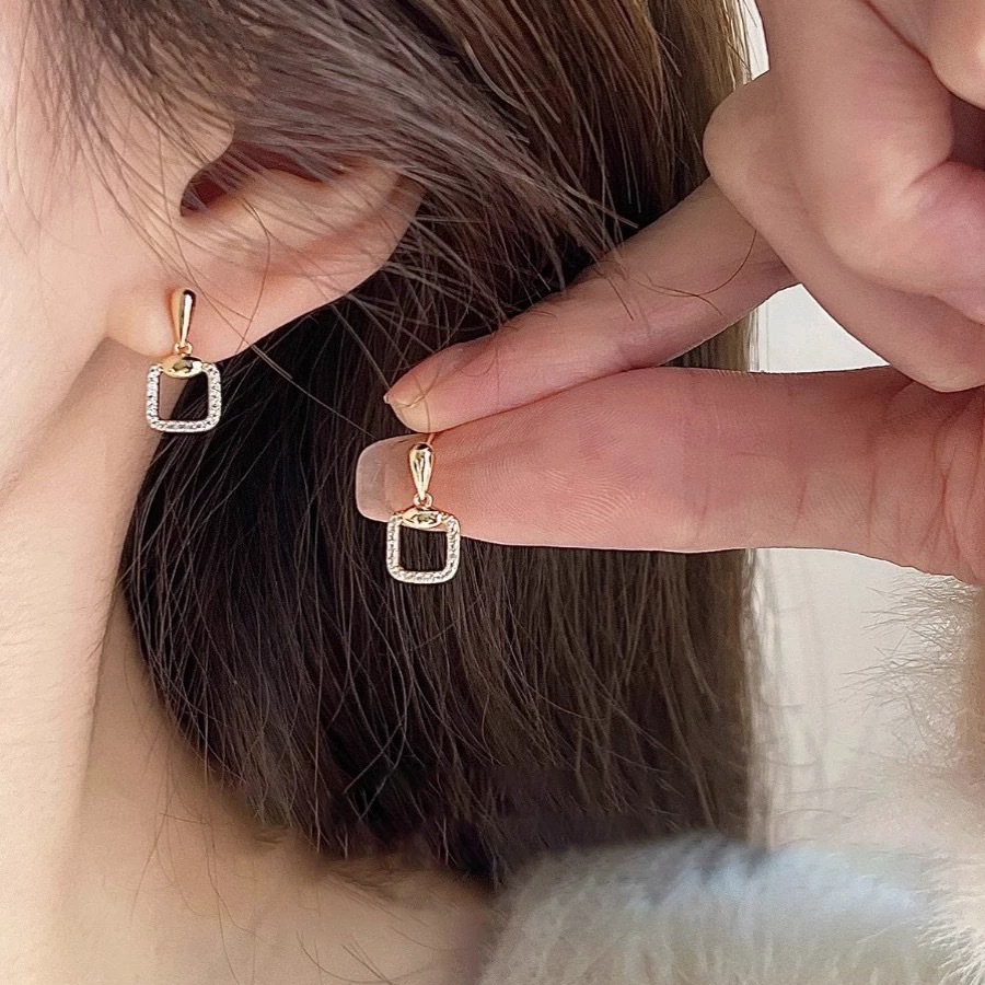 黄铜花岗石耳饰 简约镶钻方形耳钉女小众设计高级感