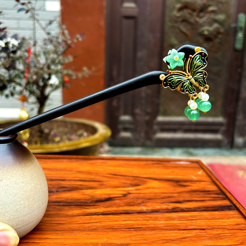 黑檀木发簪18cm双面【蝶恋花】新中式国风民族风古风步摇盘发发簪