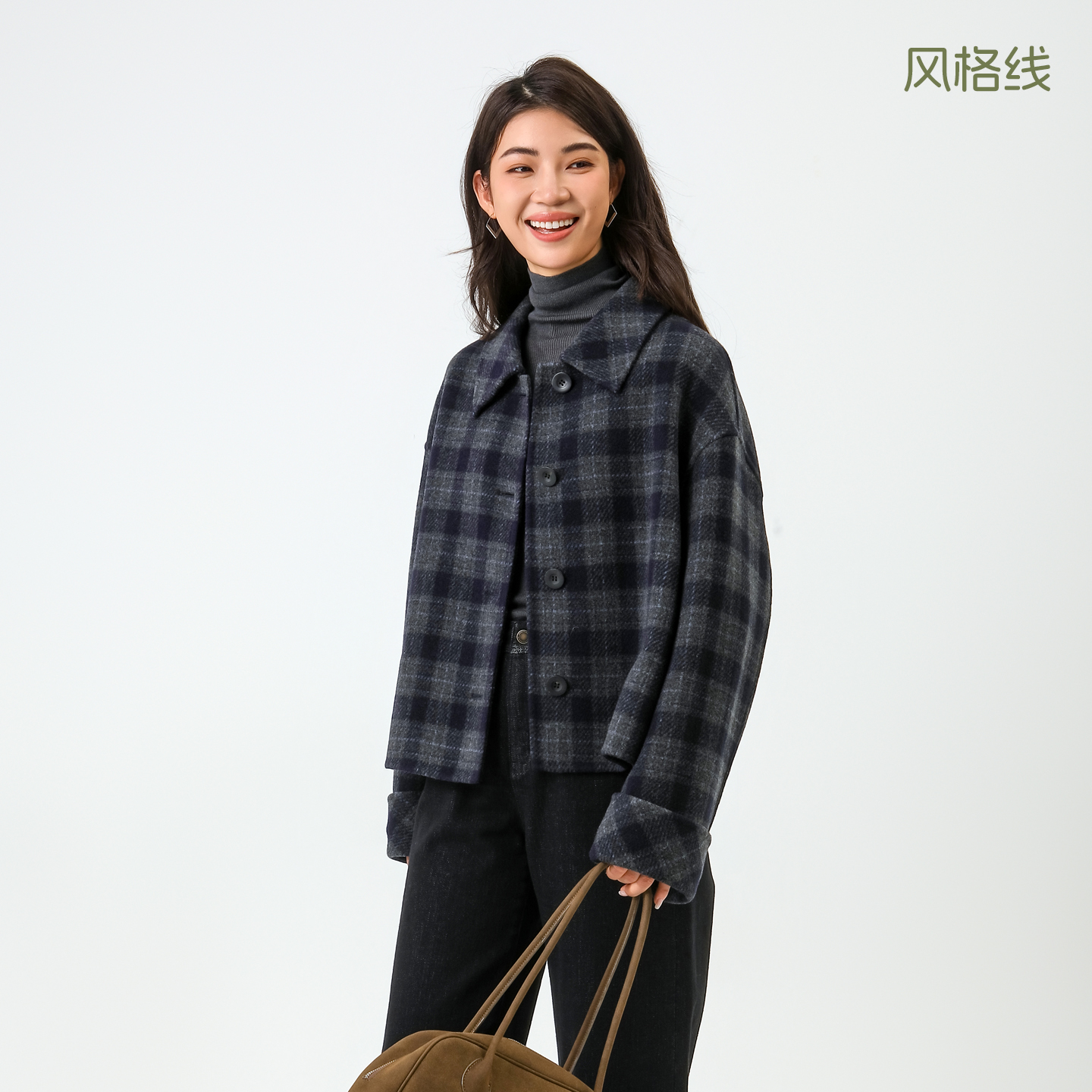 本依凡冬季复古格子短双面呢大衣WSSSM0273单排扣时尚休闲女装