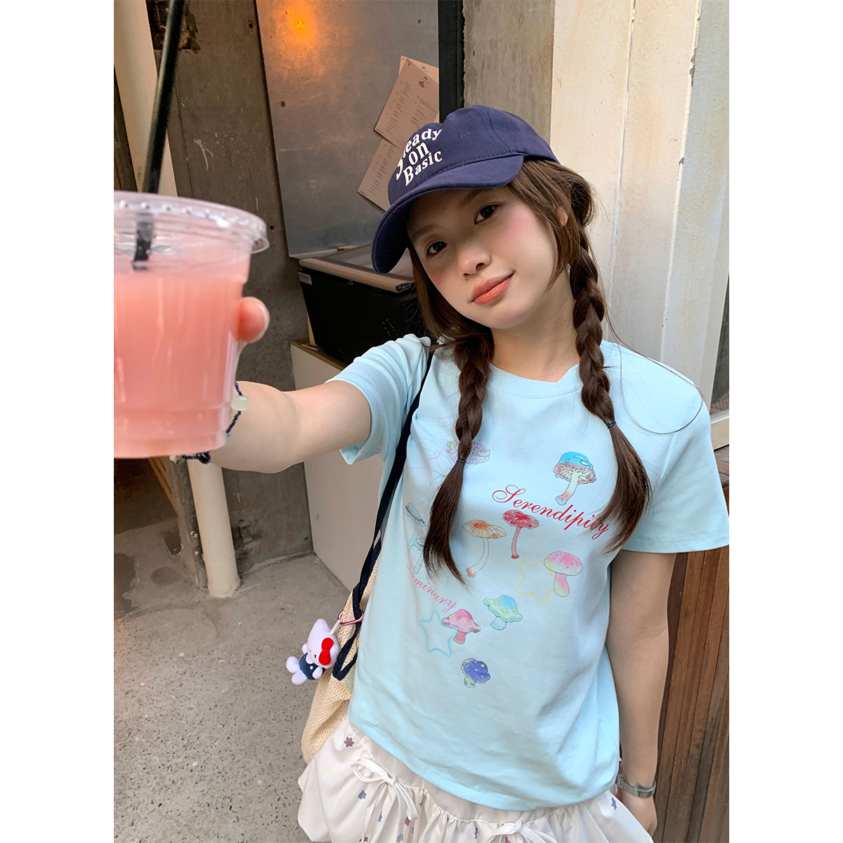 NIDEBLACK韩系少女印花浅色水彩小蘑菇正肩短袖夏显瘦减龄T恤上衣