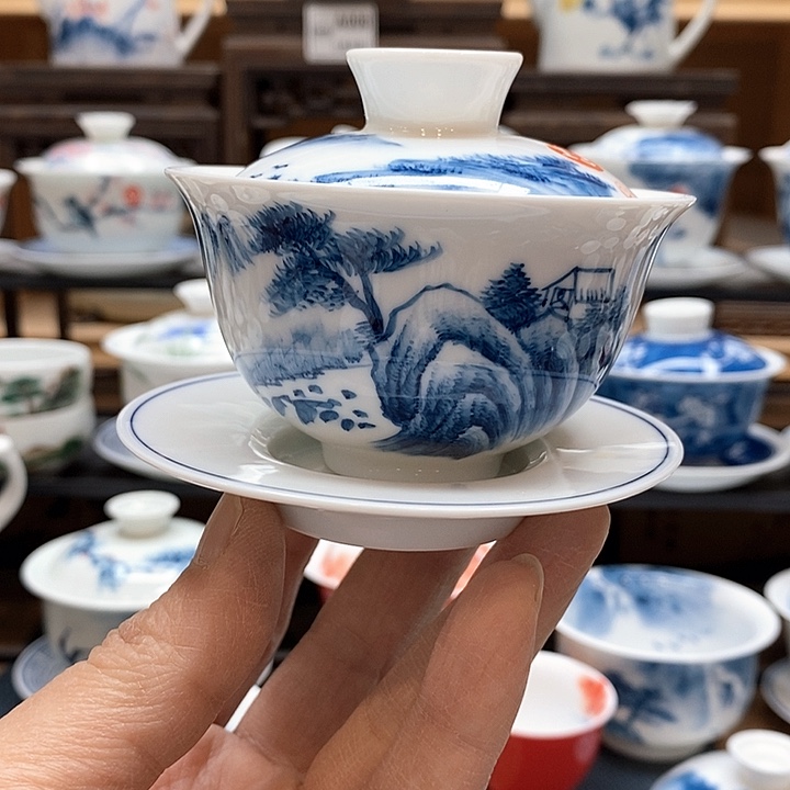 手绘微瑕山水盖碗