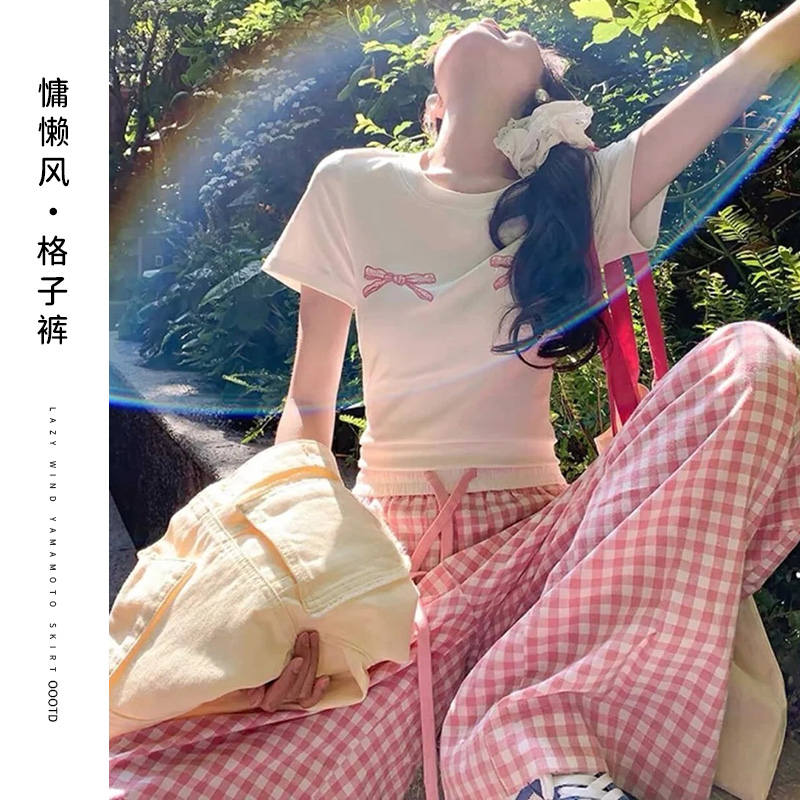 慵懒风撞色格子裤女2025夏新款显瘦小个子高腰宽松拖地休闲遛弯裤