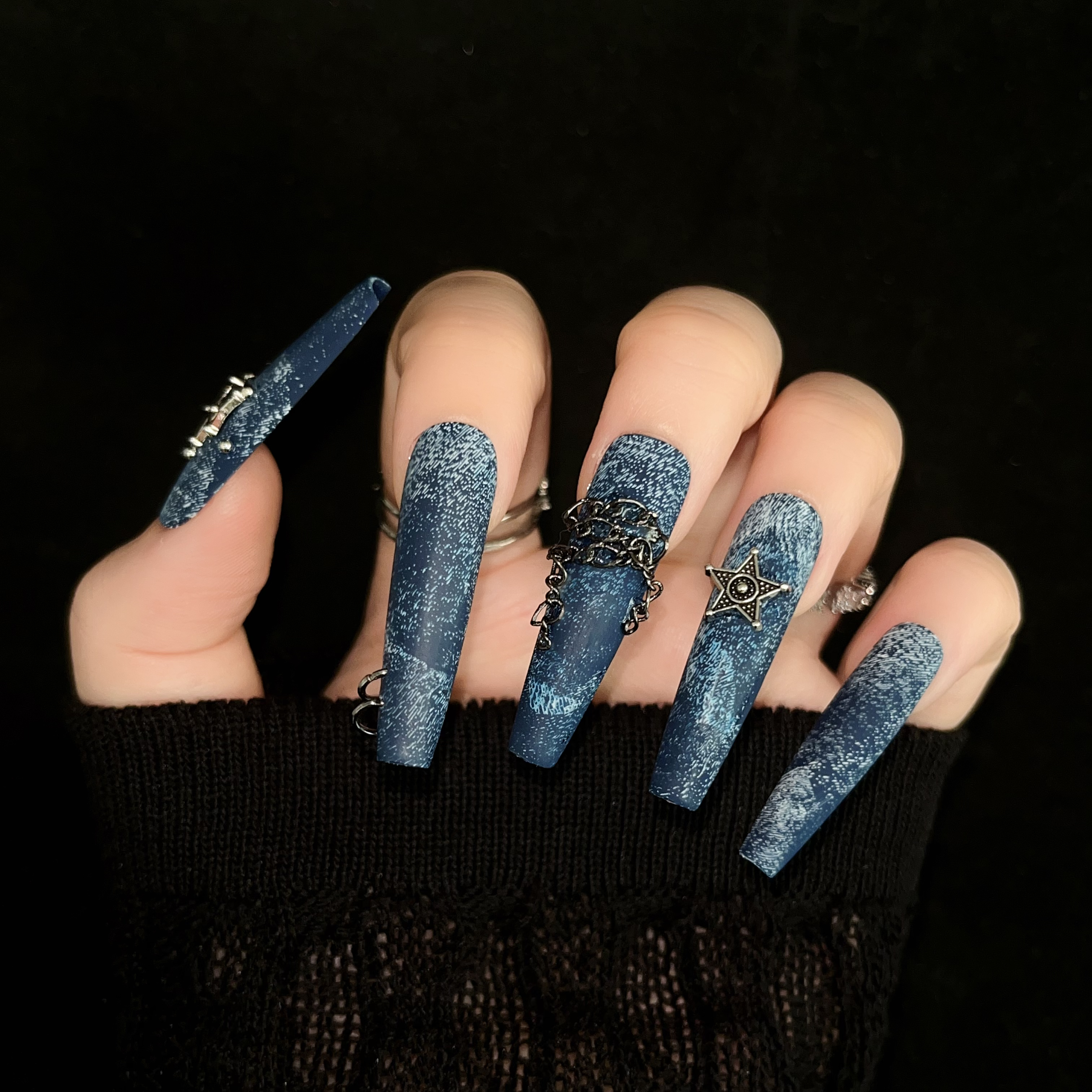 L02364纯手工牛仔风穿戴甲欧美ins风甲片美甲贴片假l时尚复古