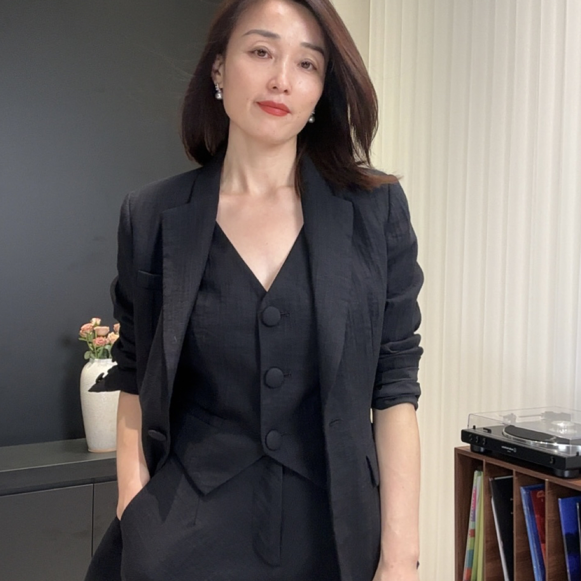 余姐老钱风西装假两件鱼尾半裙套装