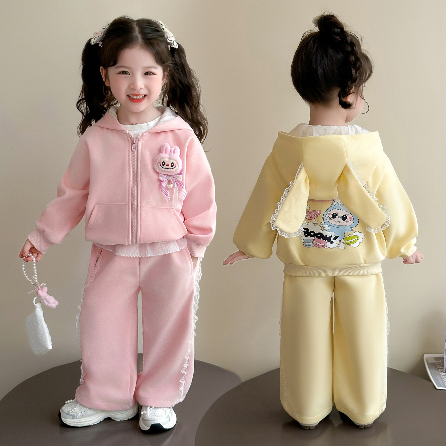 女童lAbubu卡通套装春秋2025新款洋气女孩时髦连帽耳朵开衫两件套