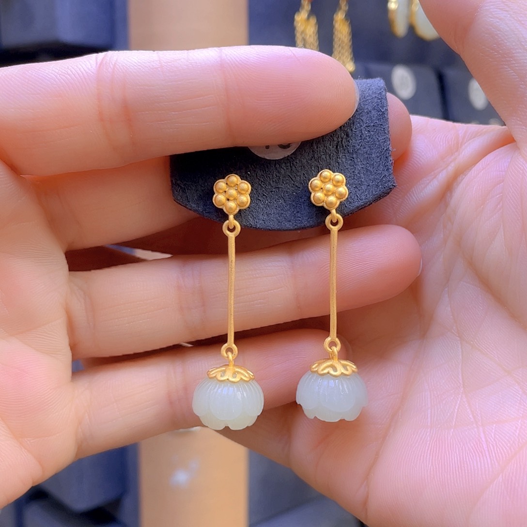 和田玉耳饰银S925镀金镶嵌