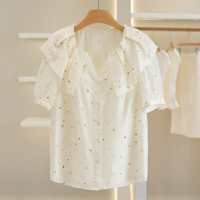 【香香上身款】荷叶领波点宽松俏皮短袖衬衫#WSC56S03112#S031