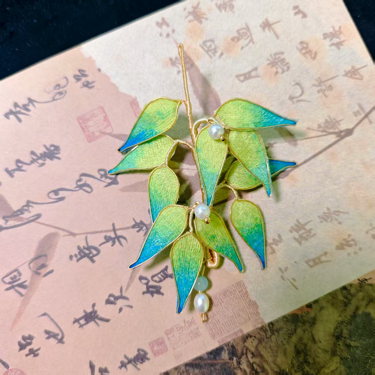 云鬓花古风饰品古装发饰仙气飘飘绒面 翠竹垂露（孤品汉服发冠B320