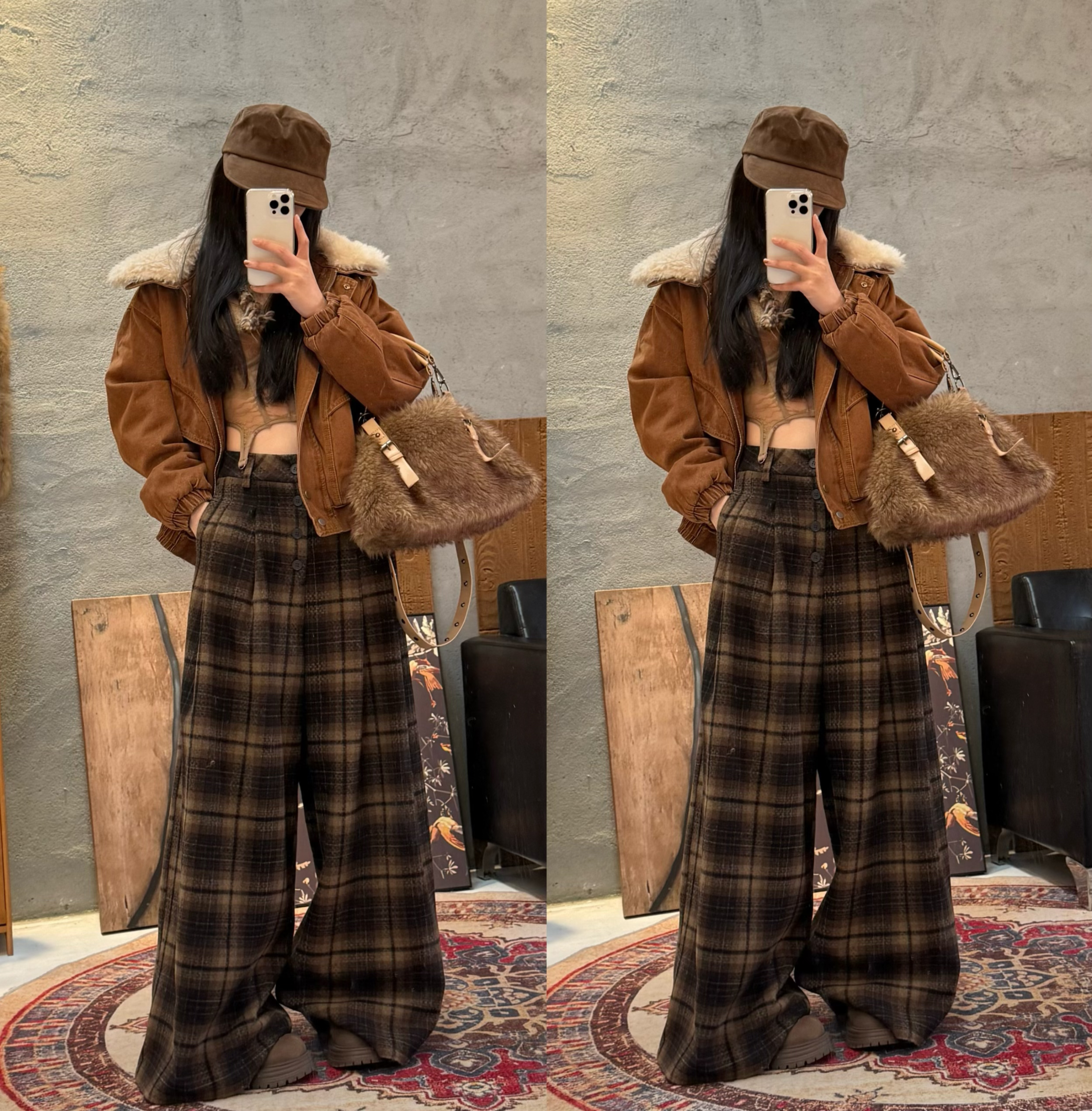 KUKUDEMI 「布朗尼」秋冬加厚复古撞色格纹垂感慵懒风女毛呢格子裤