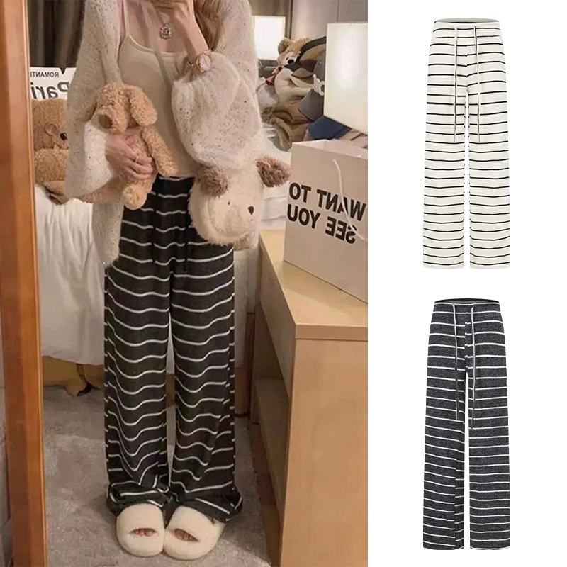 MosesQueen/魔西女王休闲慵懒感条纹软糯松紧显瘦阔腿裤