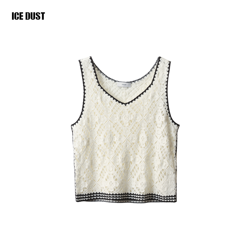 ICE DUST撞色钩针无袖背心女2025夏季小众设计祖母格套头针织上衣
