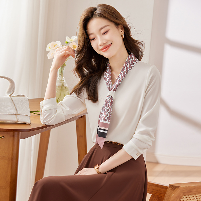 通勤减龄显瘦飘带衬衣缎面长袖上衣LACHAPELLEHOMME.Q6895.Q6000