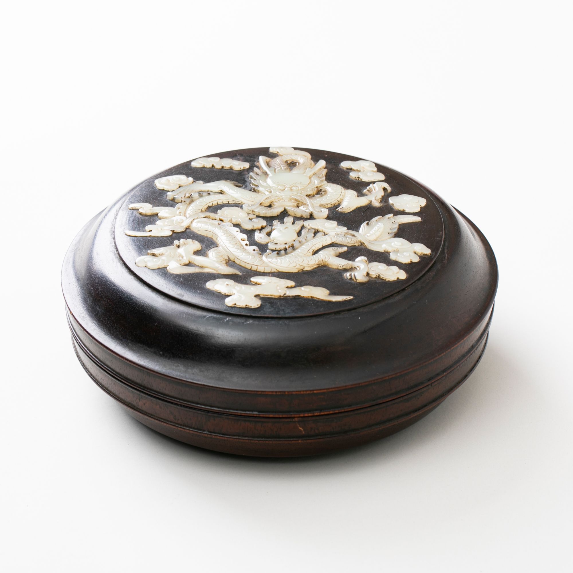 【古董】19、清早期 黄花梨嵌镶白玉火珠团龙盖盒