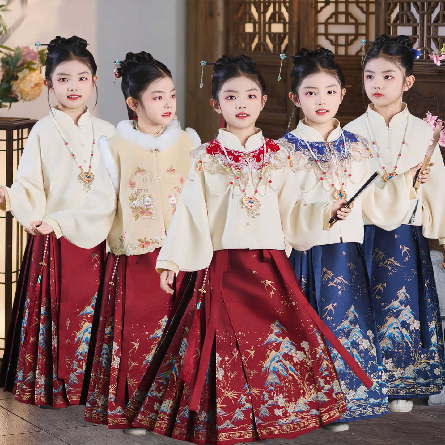 新款女童马面裙套装秋冬款中国风汉服古装母女唐装冬季拜年服 