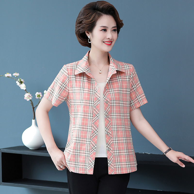 C084妈妈春装棉布上衣女士气质衬衫中年女秋季长袖士衬衣格子休闲