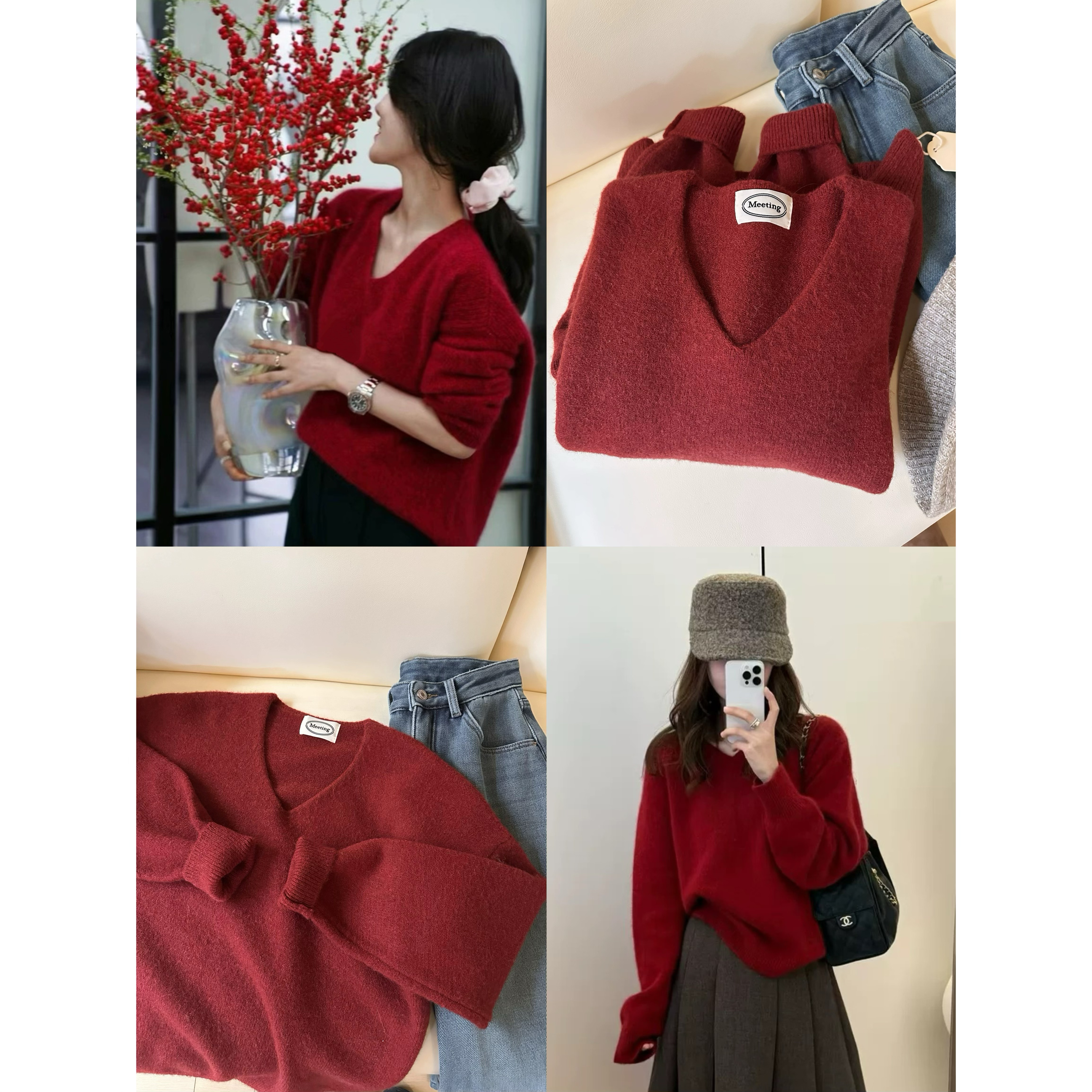【韩代】J17套头针织衫女V领加厚秋冬宽松本命年内搭红色毛衣外套