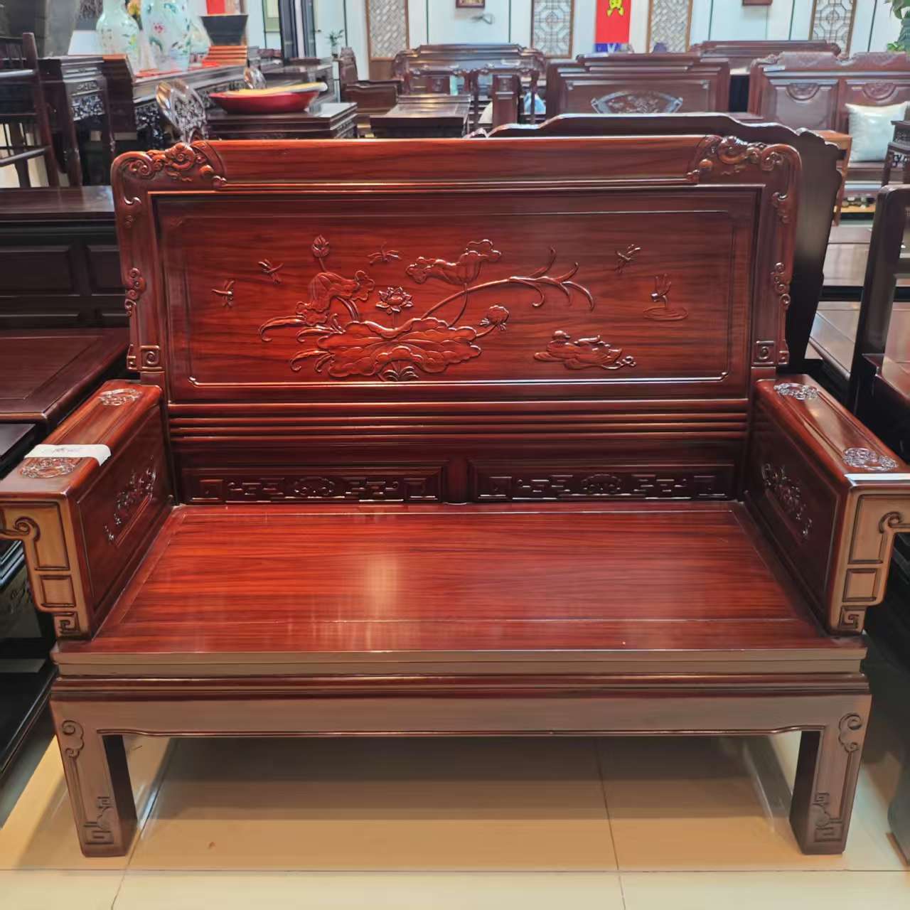 酸枝木荷花沙发双人位:长126宽57坐高40背高108