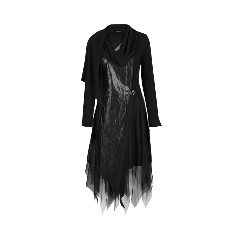 sdeer圣迪奥女装时尚圆领拼接网纱不规则长袖连衣裙S21481207