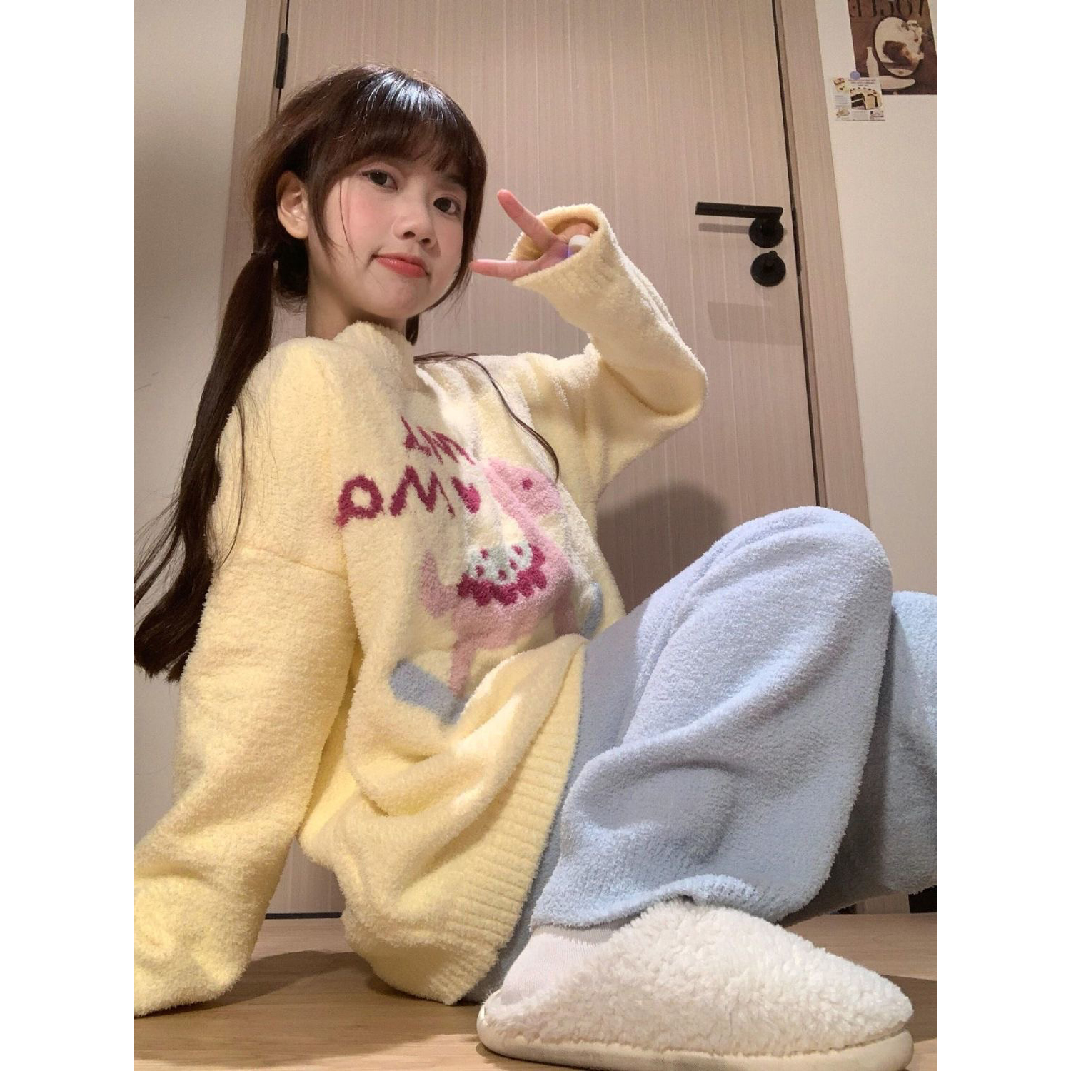 冬季半边绒睡衣女款韩版可外穿学生宽松加绒加厚珊瑚绒家居服套装