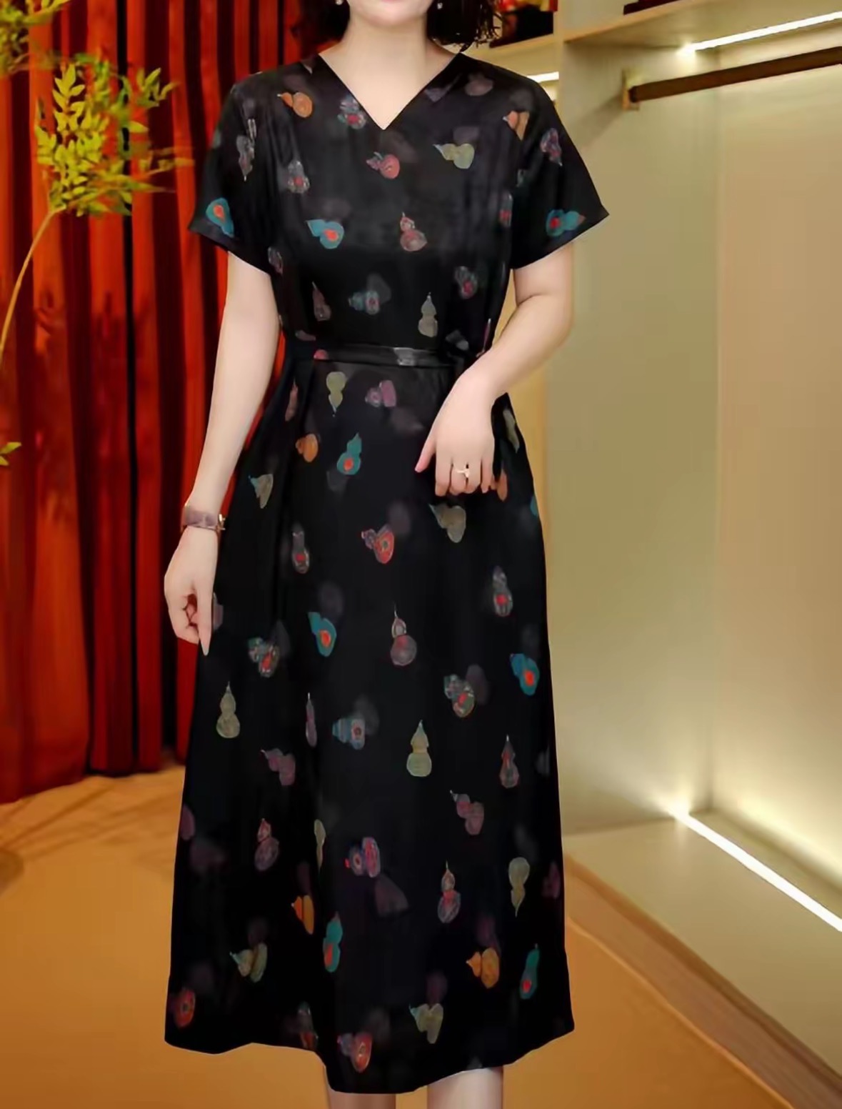 【花萝福利款】盘长绘气质修身时尚休闲夏季高端大码妈妈装连衣裙