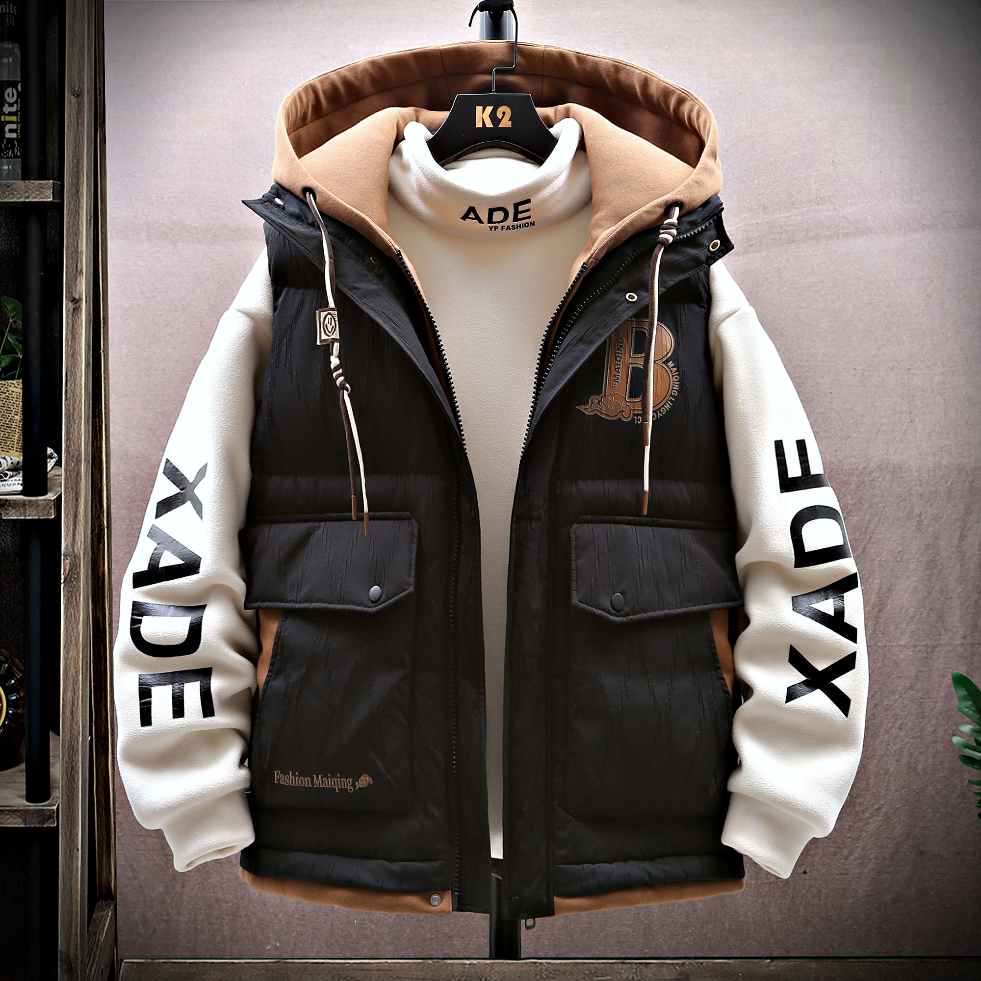 2024冬季假两件港风宽松带帽无袖棉衣加厚棉服马甲外套