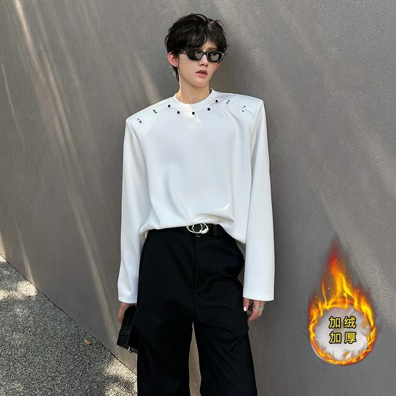 W218 美式高街垫肩加绒长袖t恤男秋季小众金属设计感内搭打底上衣