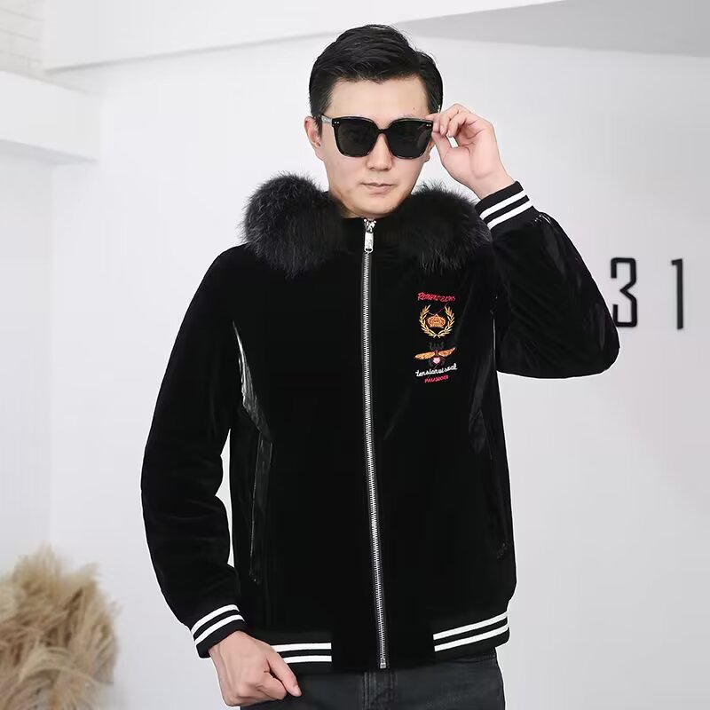 冬季刺绣连帽短款保暖加厚款男皮草派克服