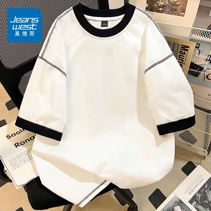 真维斯100%纯棉短袖男款爆款2025新款韩版设计感圆领撞色短袖T恤