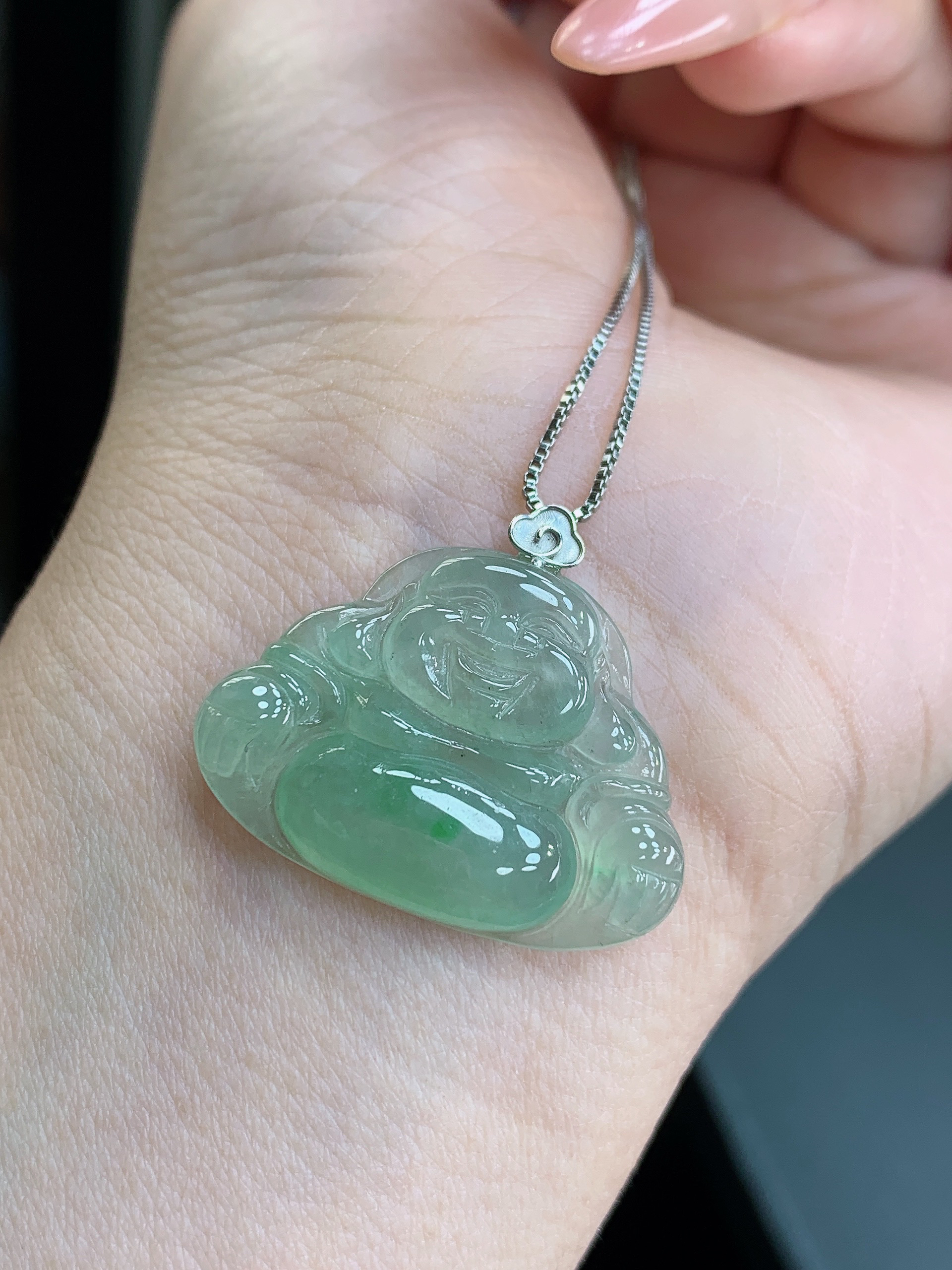 纯天然缅甸A货18k高冰飘绿佛公气质绿色精美时尚
