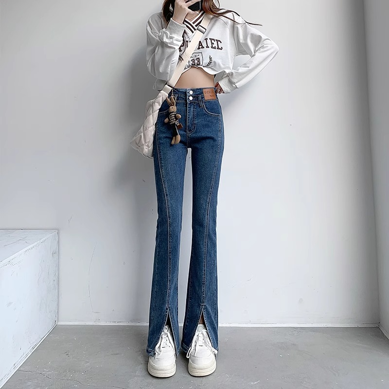ruiliya/芮丽娅6633加长牛仔裤女高腰显瘦开叉喇叭裤修身微喇裤子