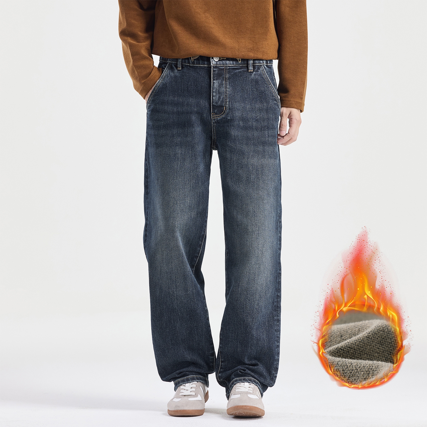 2025冬美式直筒一体绒牛仔裤男2025年冬季新款复古加厚保暖休闲裤