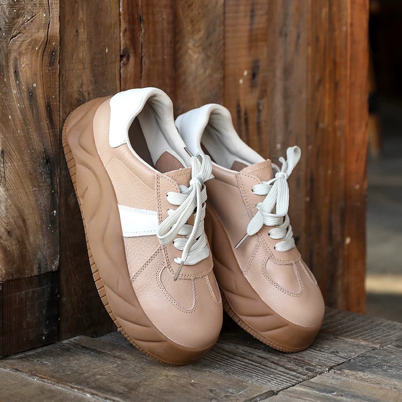 小胖家女鞋新款德训鞋舒适头层牛皮拼色时尚百搭复古休闲鞋女款