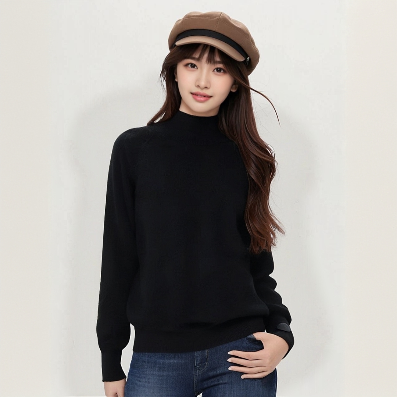 【胖老板羊绒】纯山羊绒双股加厚打底衫 半高领黑色猪鼻子百搭经典