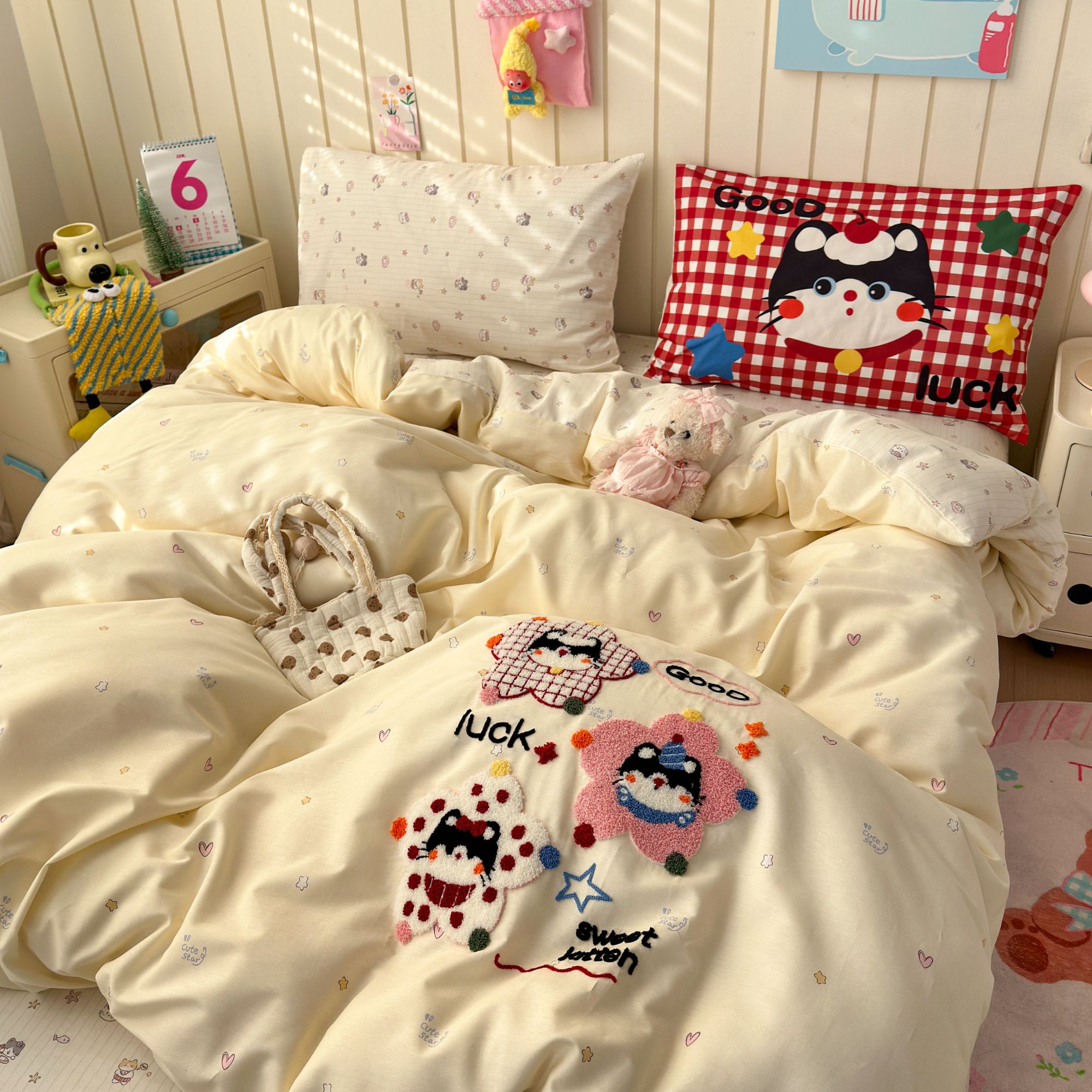 【上新款】彩色萌猫 可爱小清新全棉纯棉毛巾绣三件套四件套 少女心