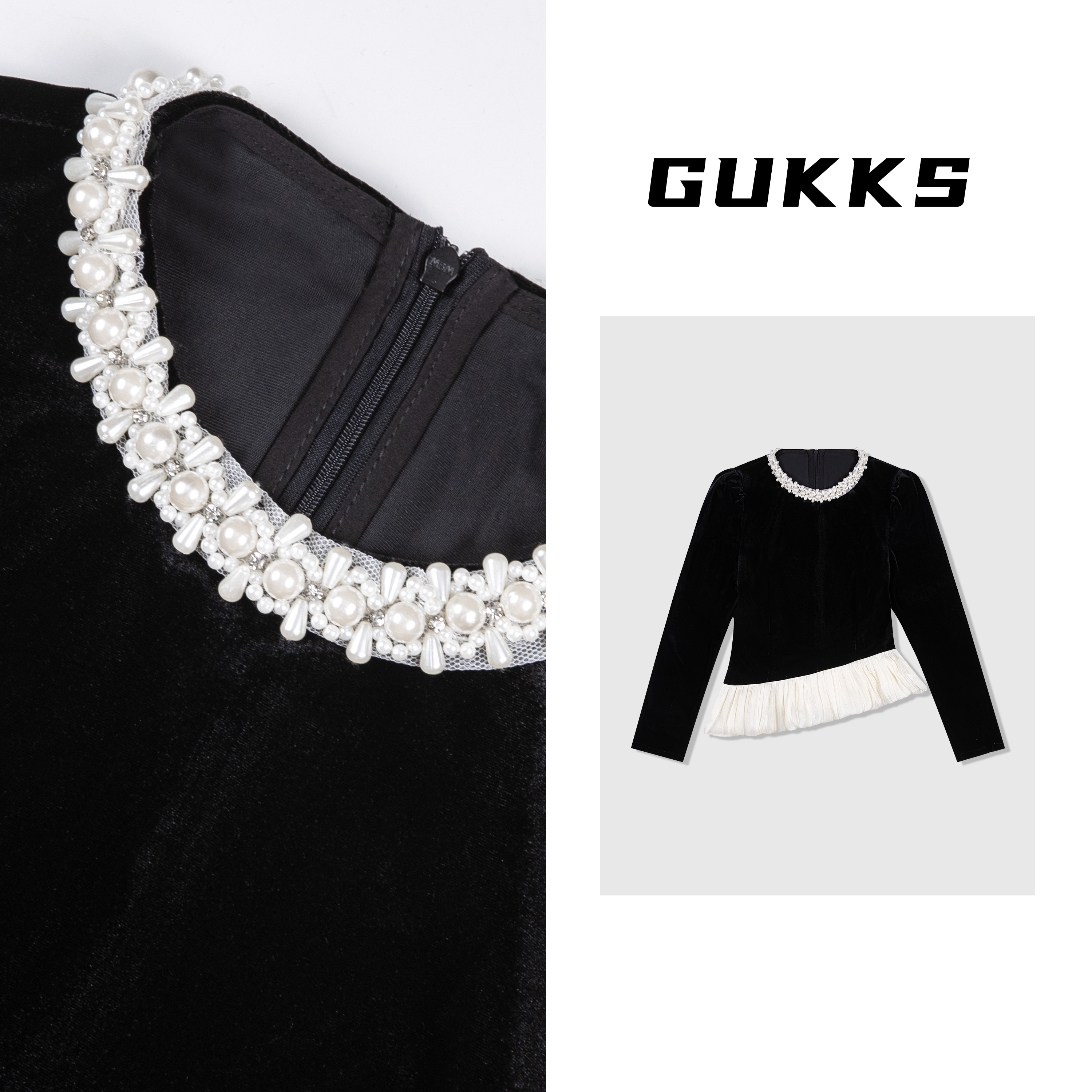  GUKKS秋季高定新款镶钻拼接荷叶边上衣时尚百搭ST8024