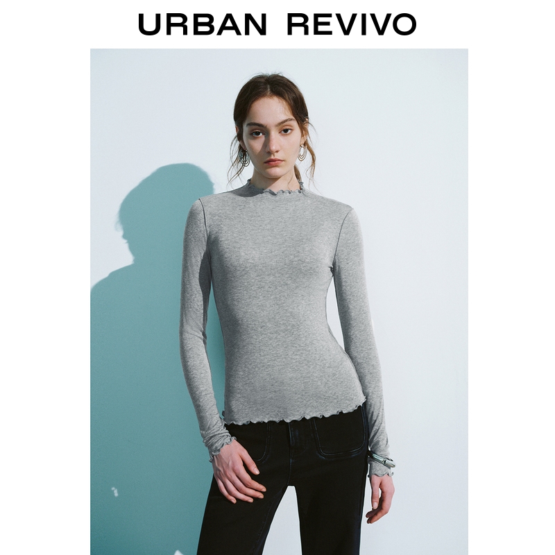 UR2025秋季新款女装休闲简约木耳边修身长袖T恤UWM450137+