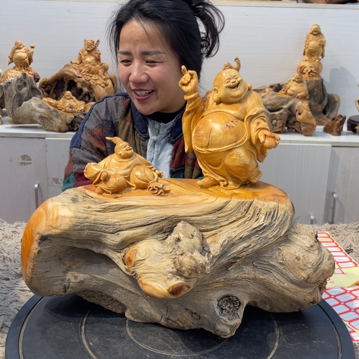 柏木太行崖柏坨坨童子戏弥勒