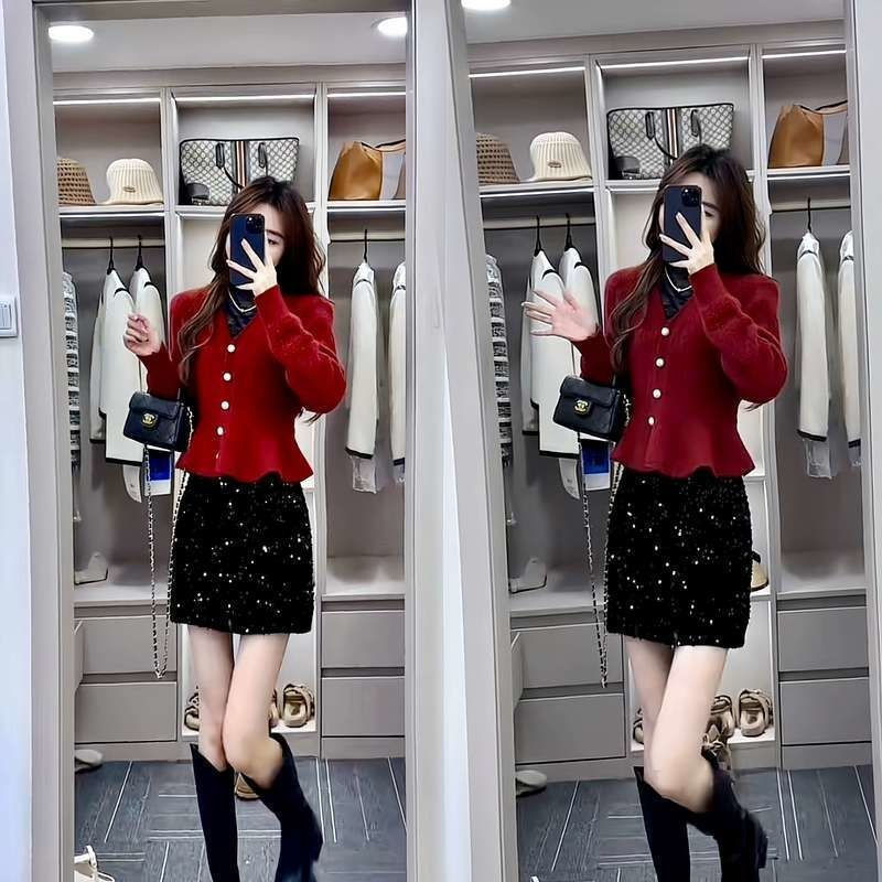 温柔风V领单排扣气质小香风显瘦针织开衫毛衣 秋冬细闪套装