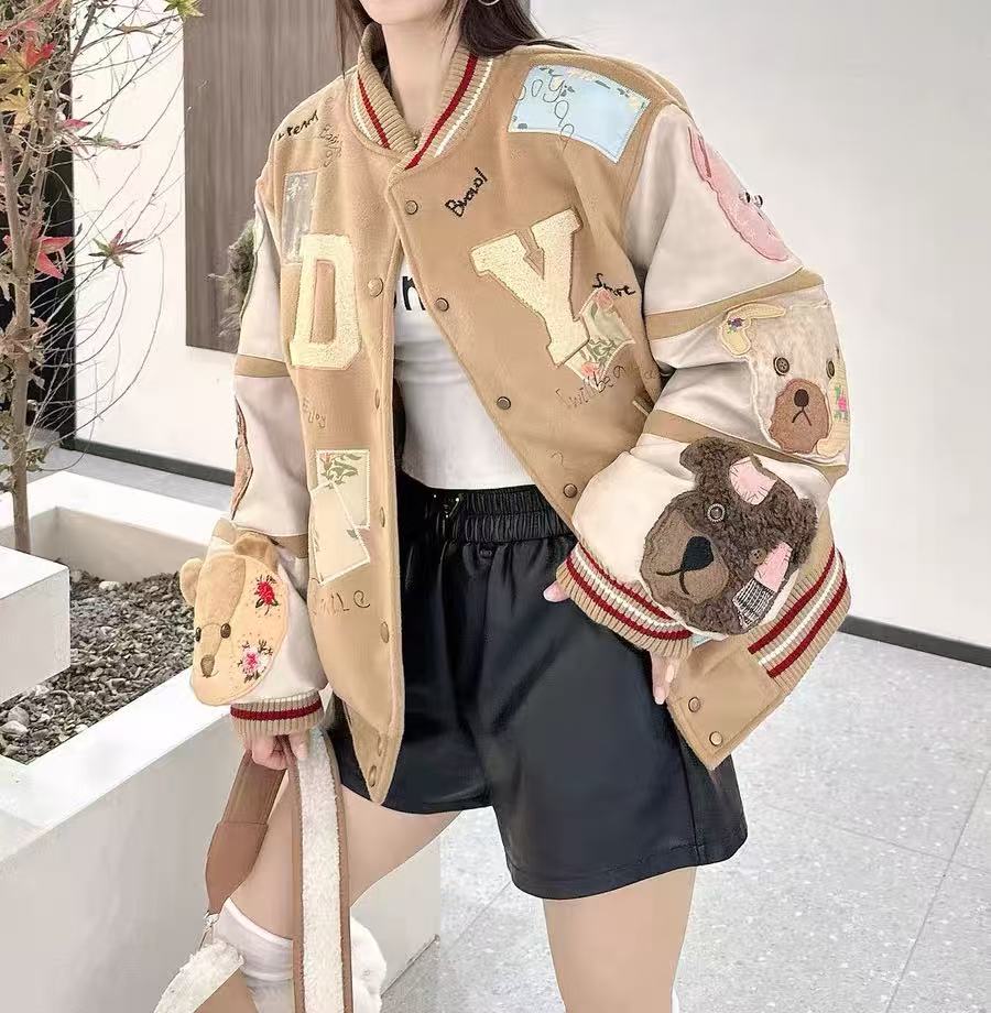 【优搭严选】厚款时尚潮牌女装撞色拼色拼接刺绣棒球服外套B501