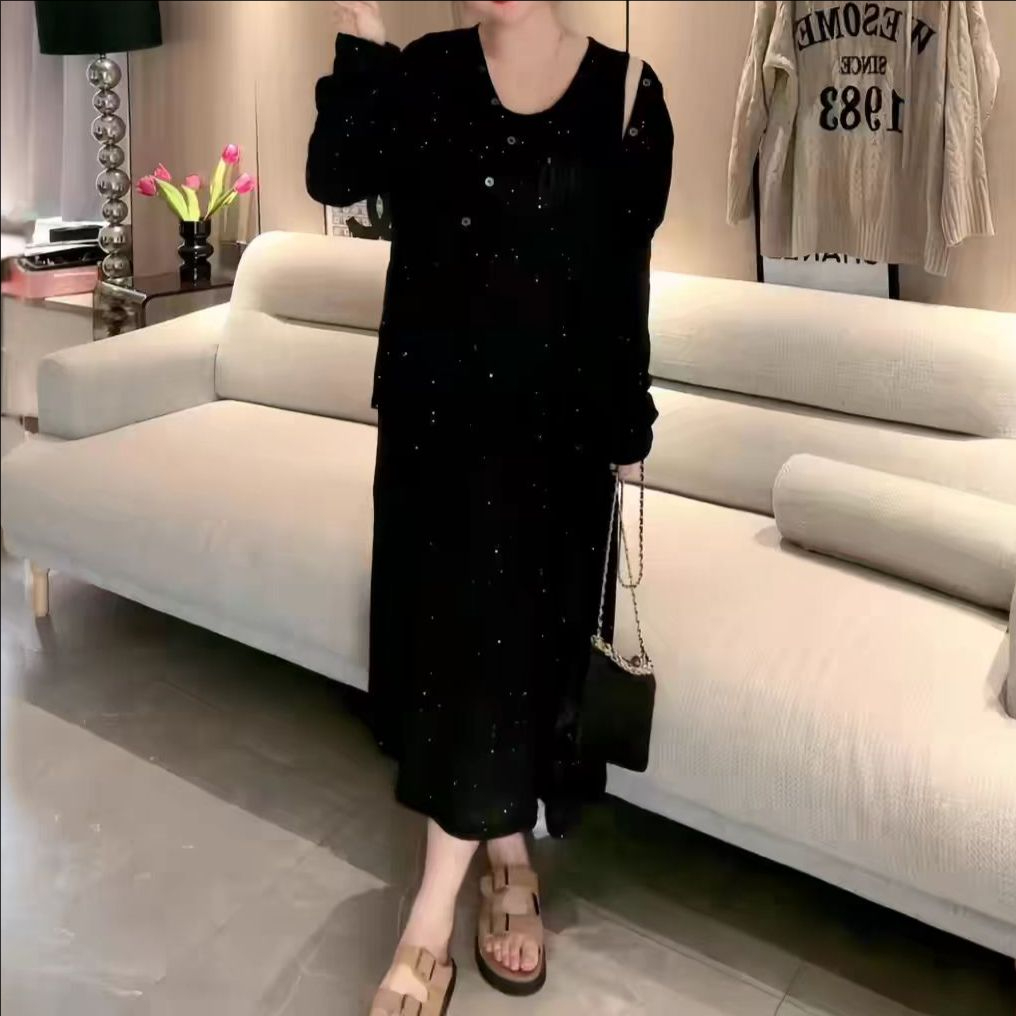 大码女装300斤胖MM设计感气质细闪针织开衫背心裙套装10053