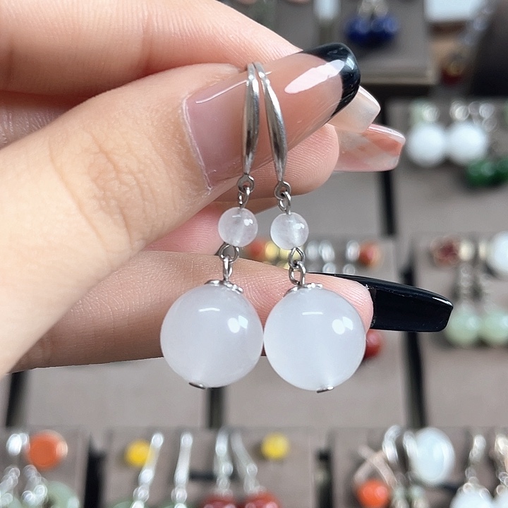 石英质玉（金丝玉）银S925镶嵌耳饰12左右