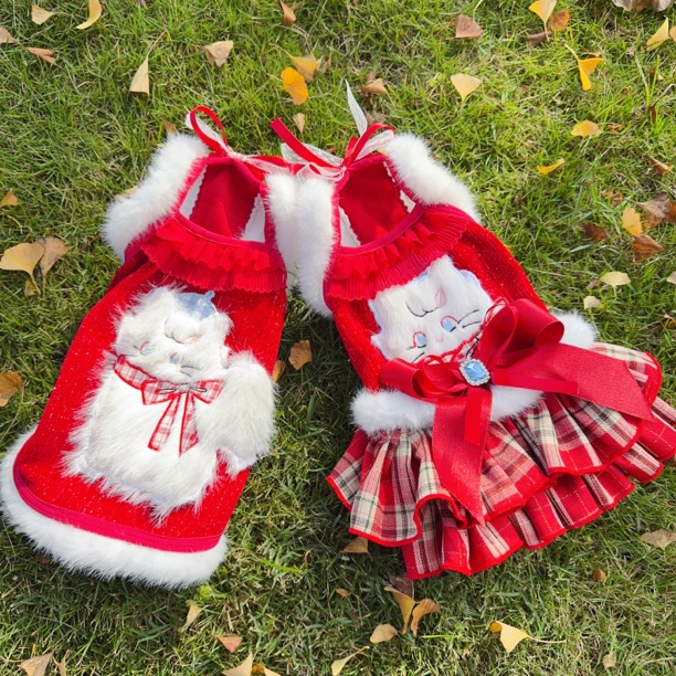 萌宠红色新年圣诞节卡通格子吊带情侣装  小熊泡沫宠物服饰原创