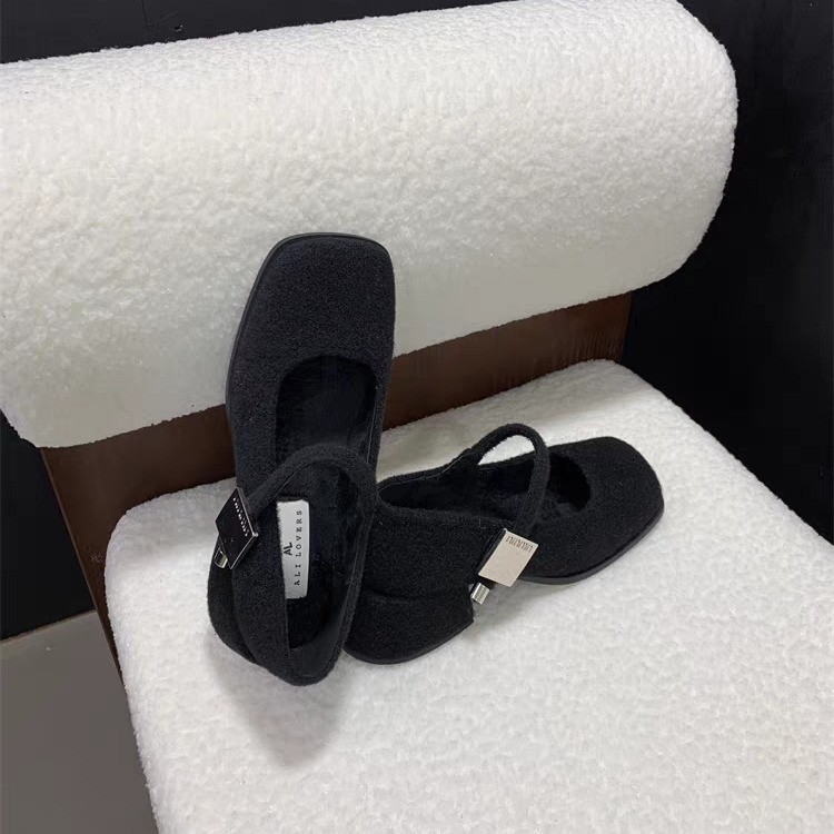 方头呢子粗跟单鞋女冬季款法式气质加绒奶奶鞋高跟玛丽珍毛毛鞋子