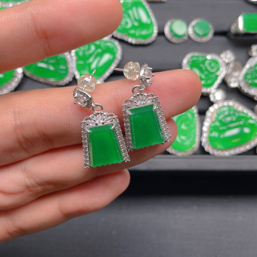 翡翠颈饰银S925镶嵌纯天然A货翡翠无事牌耳钉