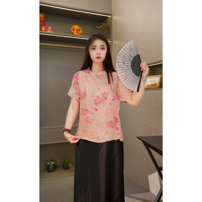 【语嫣】新中式国风老料香云复古宽松气质时尚夏季花萝上衣