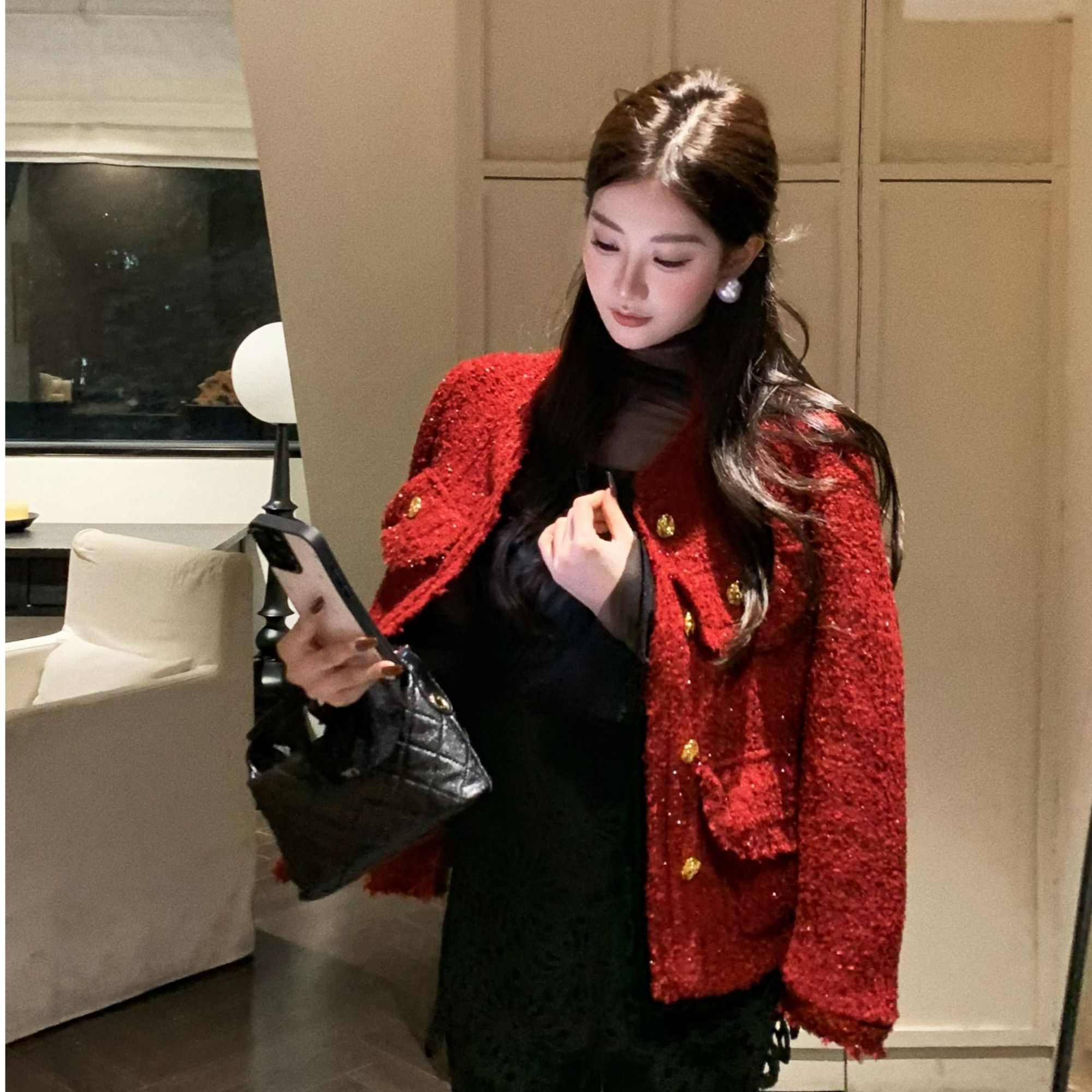 【绣也】重工夹羽绒女厚款轻奢短款冬季粗花呢小香风外套1004