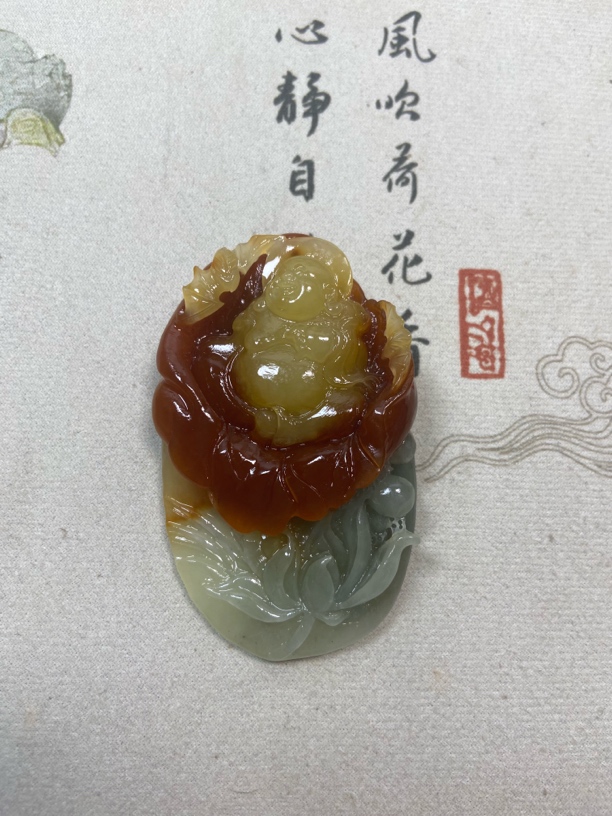 天然岫玉大肚佛 老矿花玉三彩俏色巧雕手工雕刻项链颈饰挂坠吊坠