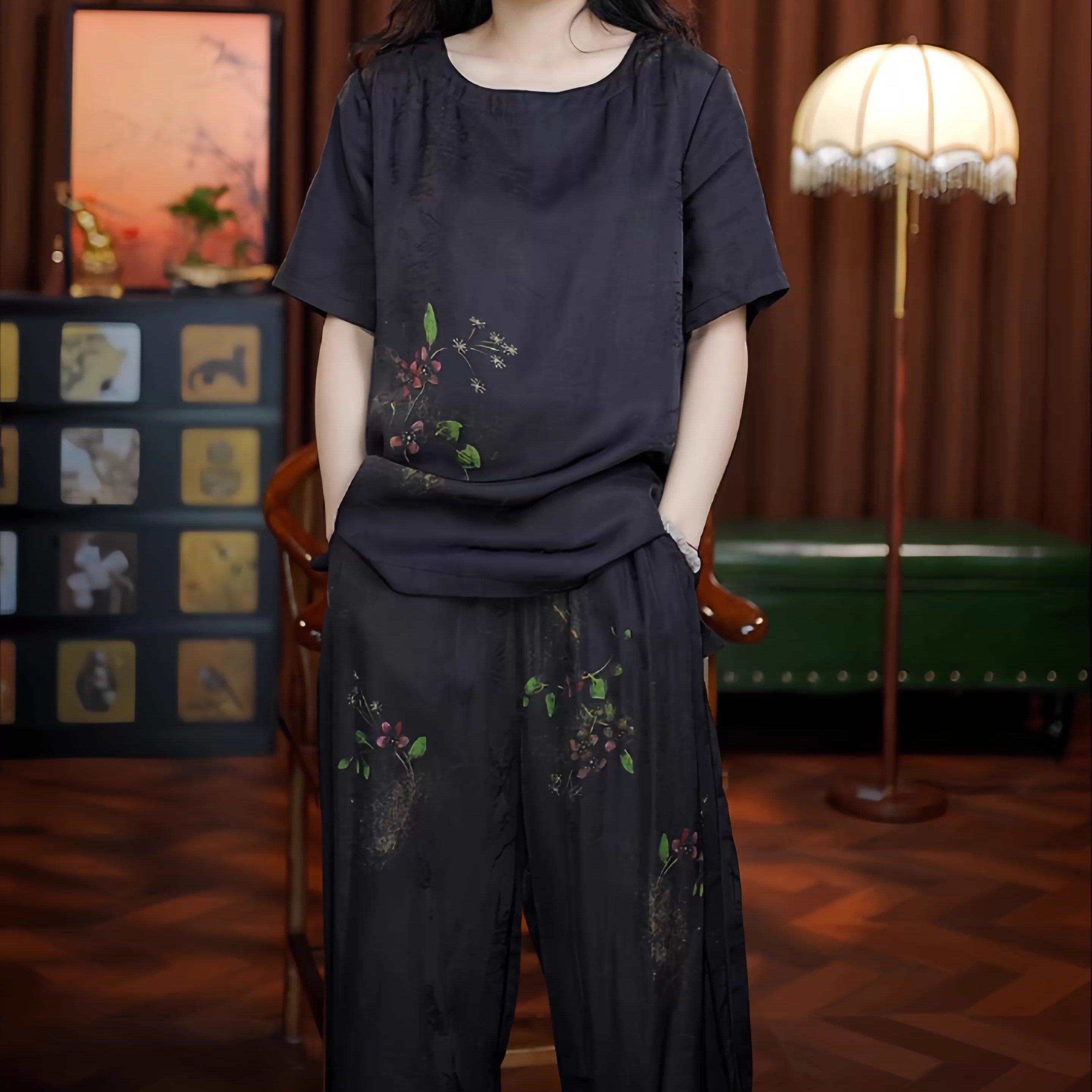 映日兰花（黑色）新中式宽松上衣裤子圆领老料国风女装两件套