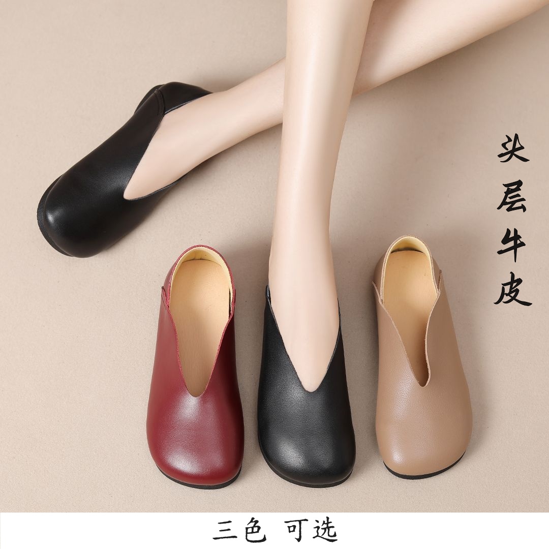 平底真皮奶奶鞋女复古手工鞋豆豆鞋女单鞋春秋圆头浅口软底妈妈鞋